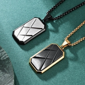 Men's geometric dog tag necklaces with brushed metal finish in silver and gold style