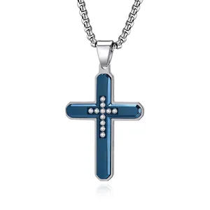 Men Stainless Steel Cross Pendant Necklace Two Tone Inlaid Rhinestone Religious Minimalist Hip Hop Trendy Neck Jewelry Gift