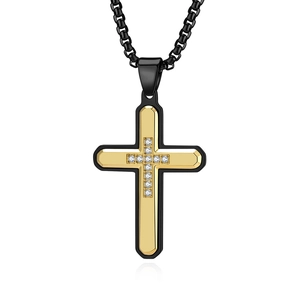 Two-tone titanium steel cross necklace with hexagon cut and embedded white stones