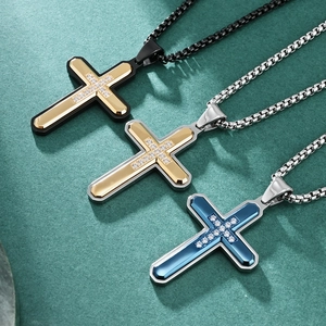 Three men's titanium steel cross necklaces with hexagonal facets and stone inlay