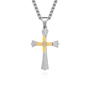 Pendentif double croix en acier titane avec zircons et sa chaîne maille vénitienne