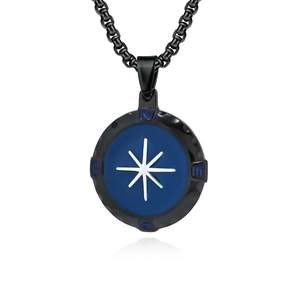 Collana da uomo in acciaio inossidabile nero con ciondolo a bussola blu e dettaglio stella