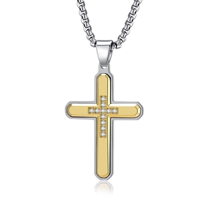 Men's two-tone stainless steel hexagonal cross pendant with cubic zirconia stones