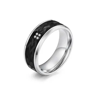 Vintage Men Stainless Steel Ring Bark Texture Inlaid Rhinestone Wide Band Geometric Fashion Jewelry Gift For Men Women
