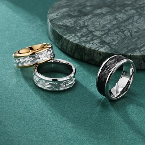 Men's titanium steel rings with textured bark pattern and inset stone in three colors