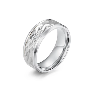 Men's titanium steel ring with bark texture and four-stone inlay on a white background