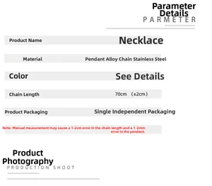 Spécifications détaillées du collier en acier inoxydable avec pendentif et sa longueur
