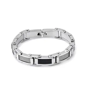 Bracelet à Maillons pour Hommes en Acier Inoxydable avec Câble Métallique Poli Géométrique Bijoux Biker Argent Noir