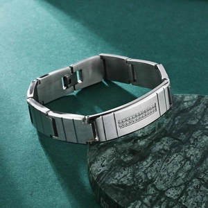 Men's stainless steel bracelet with double-row diamonds and matte brushed finish