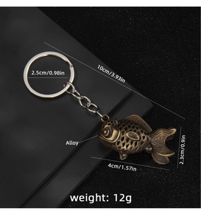 Detailed view of vintage hollowed bronze goldfish keychain with precise measurements