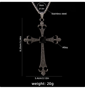 Detail of gothic cross pendant with black gem and 70cm stainless steel box chain