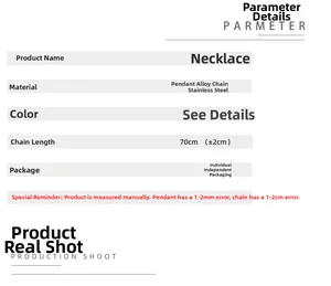 Detailed specifications table for stainless steel violin necklace with 70cm chain length