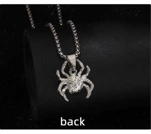 Detailed back view of a silver spider pendant showing radial metal texture on box chain