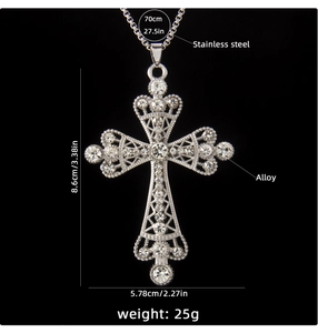 Detailed view of large rhinestone cross pendant with 70cm stainless steel chain dimensions