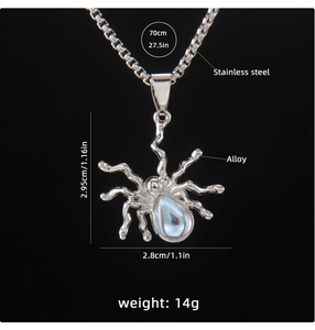 Detailed specs of spider pendant necklace with 70cm stainless steel chain and alloy charm