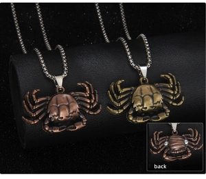 Detailed close-up of retro crab pendants in antique bronze and copper with back view