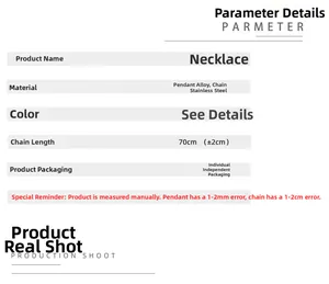 Detailed chart showing 70cm stainless steel chain length and alloy pistol pendant specs
