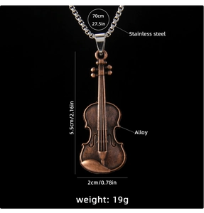 Detail view showing 5.5cm violin pendant dimensions with 70cm stainless steel chain