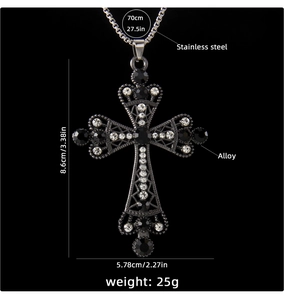 Macro view of crystal-embedded stainless steel cross pendant with detailed dimensions