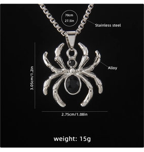 Detail view of punk spider pendant with black stone and stainless steel chain dimensions
