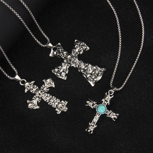 Collier Pendentif Croix Crâne Gothique Chaîne en Acier Inoxydable Alliage de Zinc Argent Rétro Bijoux Mode Hip Hop Punk pour Hommes Femmes