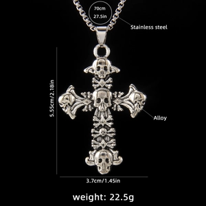 Collier pendentif croix crâne gothique en argent vieilli avec dimensions et chaîne de 70cm