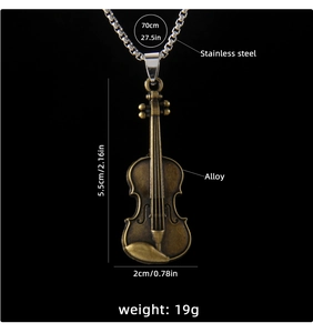 Close-up of vintage bronze violin pendant with stainless steel chain and dimensions