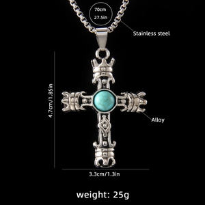 Collier hip hop avec pendentif croix, pierre turquoise et chaîne en acier inox