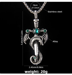 Macro detail of gothic dragon around sword pendant with size and weight info