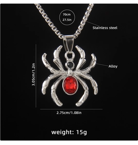 Detail showing red crystal spider pendant size 3.05cm with 70cm stainless steel box chain