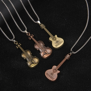 Vintage Musical Instrument Pendant Necklace For Unisex Stainless Steel Chain Alloy Violin Guitar Music Jewelry Gift