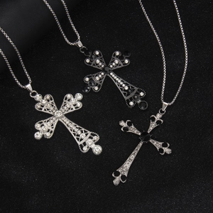 Cyberpunk Gothic Stainless Steel Zinc Alloy Cross Pendant Necklace Rhinestone Inlaid Hip Hop Jewelry For Men Sweater Chain