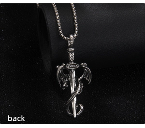 Detailed back view of vintage dragon wrapping sword pendant with polished silver finish