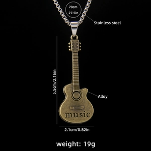 Retro stainless steel guitar pendant necklace with music engraving and 70cm chain