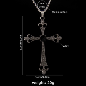 Gothic punk oversized stainless steel cross necklace with black gemstone and dimensions