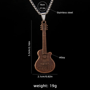 Vintage guitar pendant necklace in stainless steel with music engraving on black background