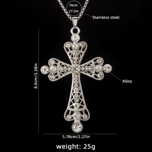 Cyberpunk stainless steel cross necklace with crystal pavé and 70cm chain
