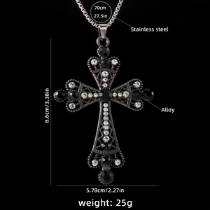 Cyberpunk stainless steel cross necklace with crystal details and long bead chain