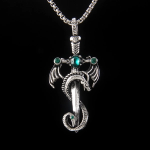 Vintage Dragon Wrapped Sword Pendant Necklace For Men Women Stainless Steel Chain Alloy Green Rhinestone Gothic Punk Jewelry Gift