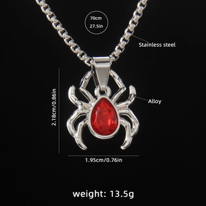 Punk spider pendant necklace in stainless steel with a red teardrop stone and long chain