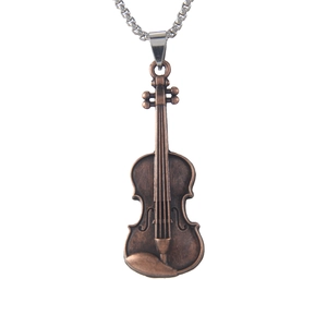 Vintage 3D violin pendant necklace in antique bronze finish with stainless steel chain