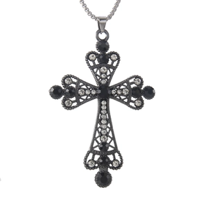 Cyberpunk gothic stainless steel cross necklace with black crystals on white background