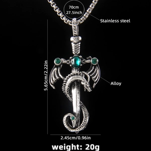 Vintage stainless steel dragon wrapped sword necklace with green crystal accents