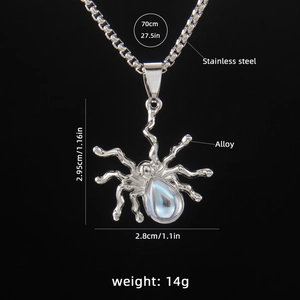 Punk spider pendant necklace in stainless steel with a crystal drop and 70cm long chain