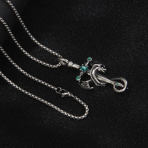 Vintage stainless steel dragon wrapping sword necklace with green crystals for men and women