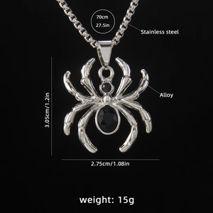 Punk style spider pendant necklace with black rhinestones and stainless steel long chain