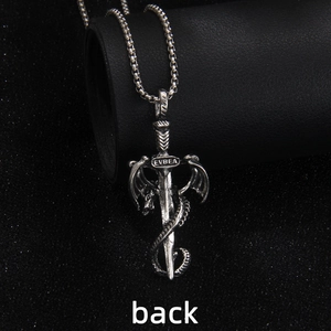Vintage stainless steel dragon and sword necklace with blue gemstone in retro silver finish
