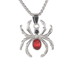 Punk style spider necklace with red gemstone pendant and sturdy silver stainless steel chain