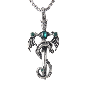Vintage dragon sword necklace in silver finish with green gems and punk style chain