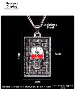 Detail view of gothic skull pendant with red eyes on 70cm stainless steel chain